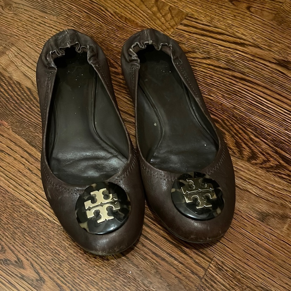 Tory Burch brown leather ballet flats with tortoise shell and Gold